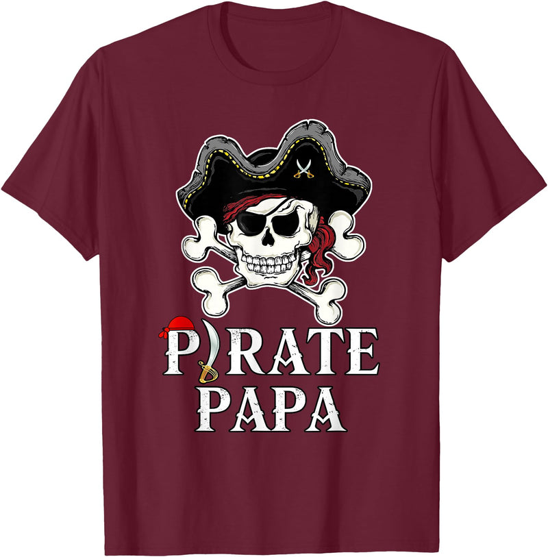 Pirate Family Matching T-Shirts Pirate Papa Costume Jolly Roger Crossbones Funny Pirate Dad T-Shirt - Burgundy