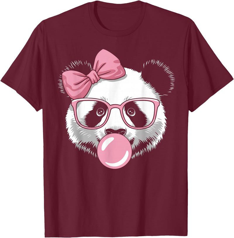 Panda Bear Bubblegum Panda Bear Wearing Glasses and Blowing Pink Bubble Gum T-Shirt - Burgundy