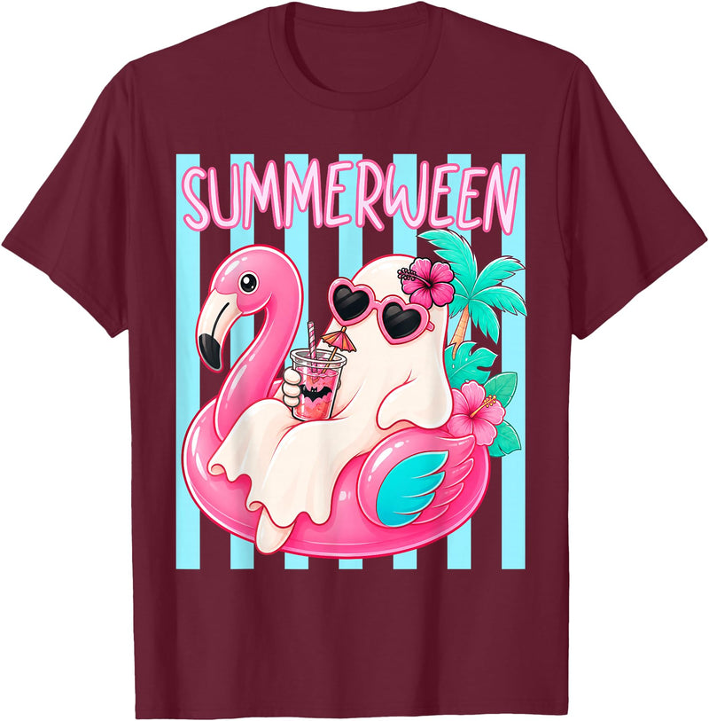 Funny Summerween Ghost Summer Halloween Vacation Summerween Funny Ghost Halloween Summer Floating in Flamingo T-Shirt -