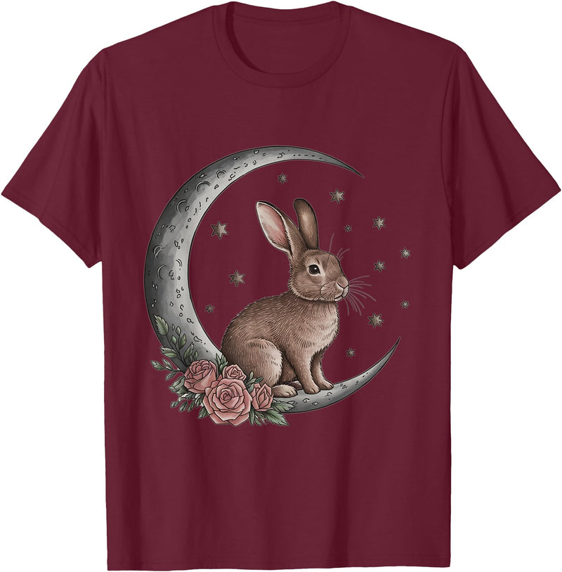 Vintage Bunny on the Moon Cute Goth Easter Rabbit T-Shirt in Burgundy