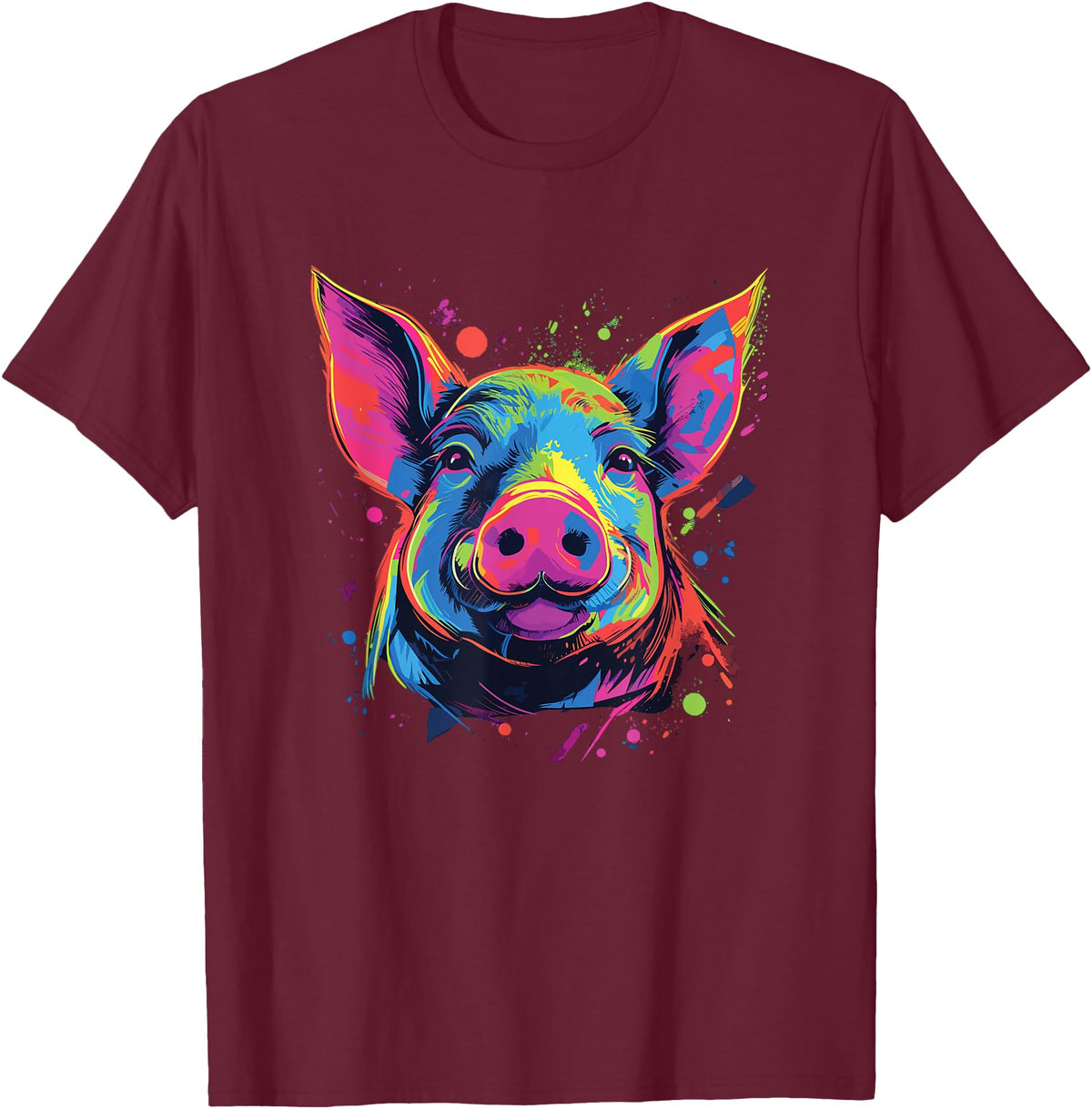 Retro Pig Poparts Tees Watercolor Colorful Pig T-Shirt - Burgundy