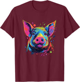 Retro Pig Poparts Tees Watercolor Colorful Pig T-Shirt - Burgundy