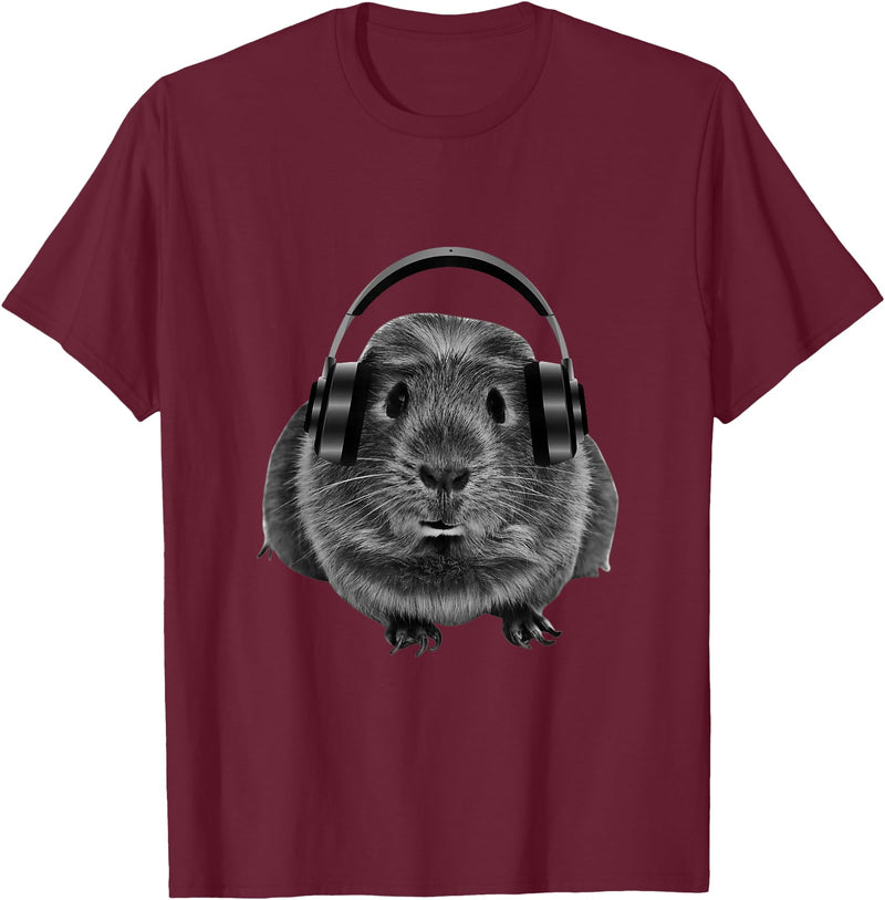 ROSS BOSS Funny Guinea Pig Graphic Tees Guinea Pig Shirt Headphones T-Shirt - Burgundy