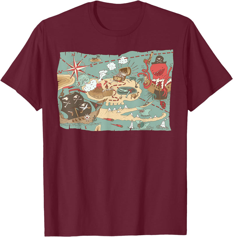 Mel & Bear Treasure Map Ship Sharks Pirates & Skulls Shirt Boys Kids T-Shirt - Burgundy