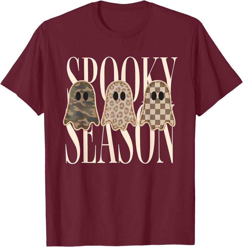 Spooky Season Ghost Halloween Shirt Spooky Season Leopard Camo Checkered Ghost Halloween Fall T-Shirt - Burgundy