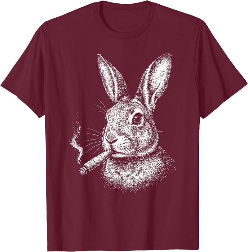 Smoking Rabbit Cigarette Bunny Funny Meme Stupid Brainrot T-Shirt in Burgundy