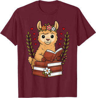 Bookworm Cute Llama Reading Book Llama Reading Book Graphic Llama with Book Floral T-Shirt - Burgundy