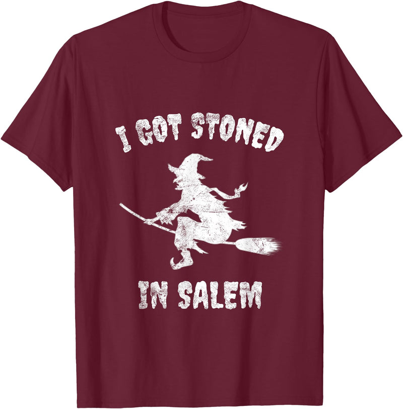 Salem Witches And Brooms Club I Got Stoned In Salem Halloween Witches Broomstick T-Shirt - Burgundy