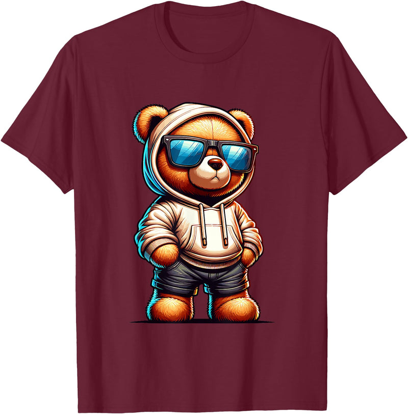 Rappers Aesthetic Urban Teddy Bear Graphic Hip Hop Teddy Bear Graphic Bears Cool Hip Hop Streetwear Colorful T-Shirt - Burgundy