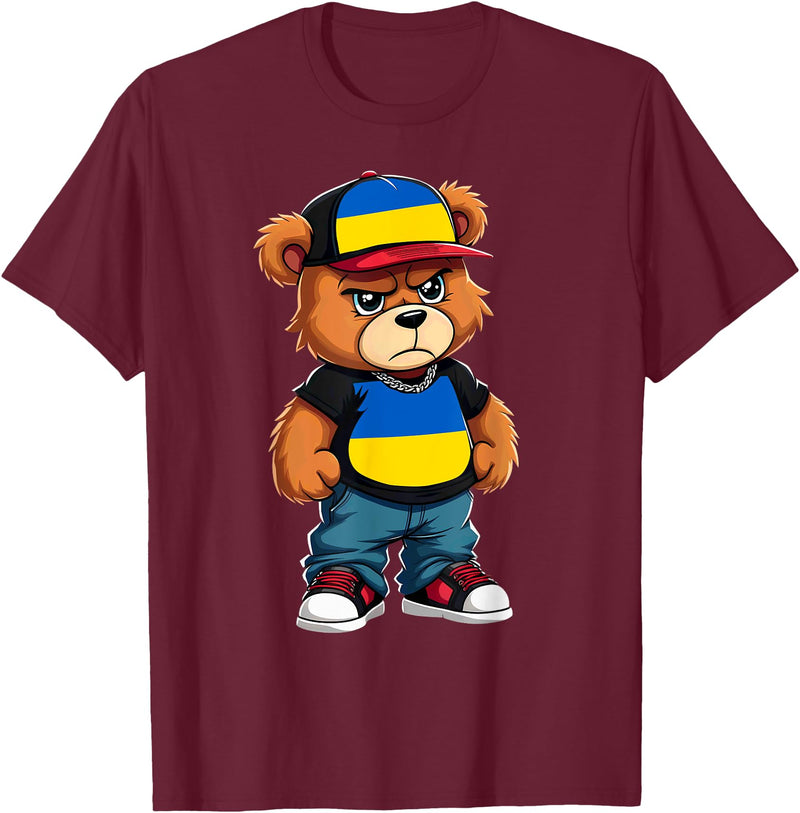 Ukrainian Teddy Bear Breakdance Rapper Ukrainian Flag Teddy Bear Ukraine Hip Hop T-Shirt - Burgundy