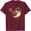 Chipper Feather Co Bird: Sparrow in Sunglasses, Cool Cartoon Avian Attitude T-Shirt - Burgundy