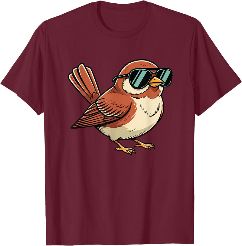 Chipper Feather Co Bird: Sparrow in Sunglasses, Cool Cartoon Avian Attitude T-Shirt - Burgundy