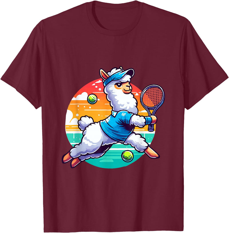 Funny Cute Animals Playing Tennis Apparel Llama Playing Tennis in Front of a Sunset T-Shirt - Burgundy