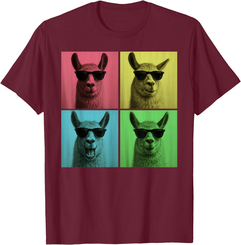 Retro Cute Llama Portrait with Sunglasses Llama Funny Pop Art Llama Lover Photo Booth T-Shirt - Burgundy