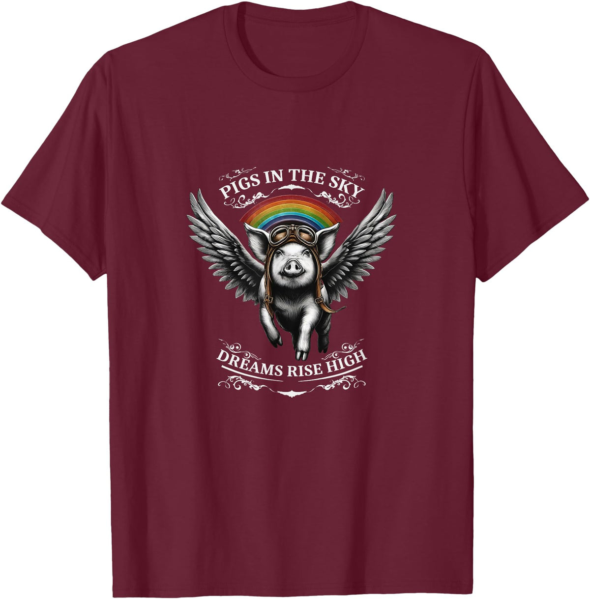 Schwein im Himmel – Träume steigen hoch Flying Pig with Wings in the Sky T-Shirt - Burgundy