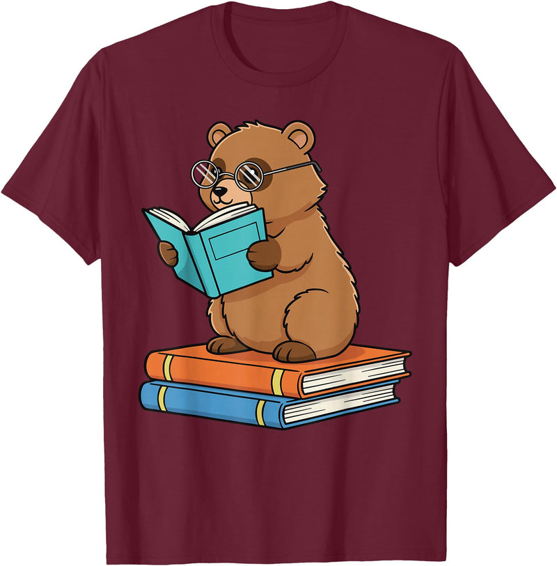 Reading Bear Bookworm Tee Reading Bear Bookworm Cute Bear with Glasses Books T-Shirt - Burgundy