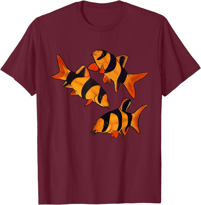Freshwater Fish Fun Clown Loach Fish Aquarium Design-Tiger Botia T-Shirt - Burgundy
