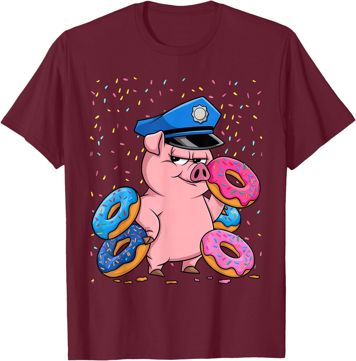 Pig Lover Gift Co. | Unisex Pig Cop Police Officer Doughnut T-Shirt - Black, Small, Short Sleeve - Burgundy