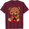 Cute Cherry Animals Cherry Bear Cute Bear Nature Cherry Fruit Artwork Wildlife T-Shirt - Burgundy