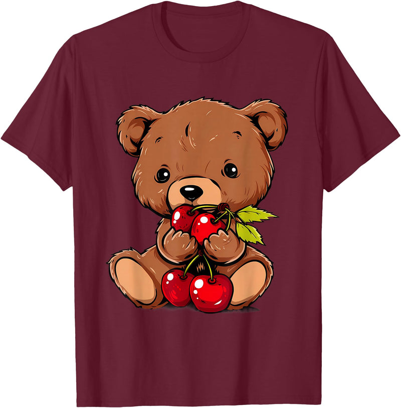Cute Cherry Animals Cherry Bear Cute Bear Nature Cherry Fruit Artwork Wildlife T-Shirt - Burgundy