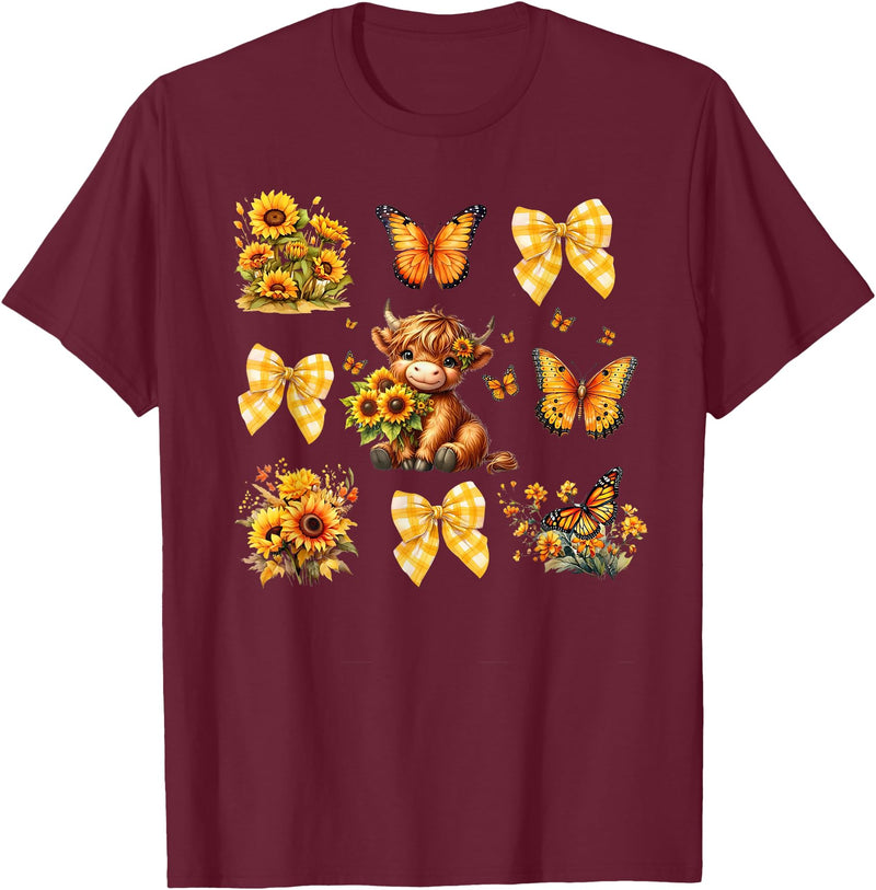 Coquette Bow Scottish Highland Cow Sunflower Shirt Baby Highland Cow With Sunflower Butterflies Farm Western T-Shirt -