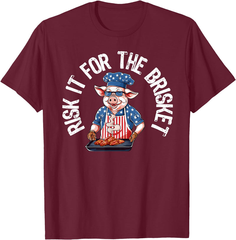Funny Grill Pig Barbeque Pitmaster Designs for Men Risk It For The Brisket Funny Pig Grilling Barbecue Pork BBQ T-Shirt - Burgundy