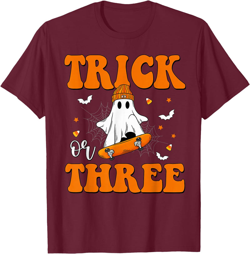 3 Year Old Boy Birthday Gift For Spooky Boys Kids Trick or Three 3rd Halloween Birthday Ghost Skateboarding T-Shirt -