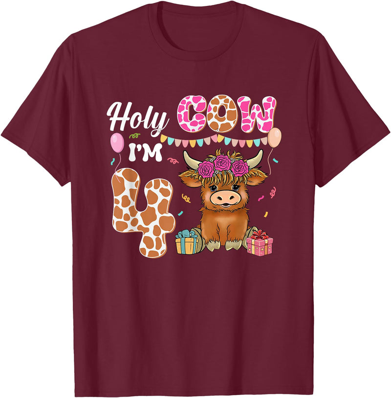 Holy Cow I'm 4 Highland Cow 4th Birthday Holy Cow I'm 4 Highland Cow Farming 4th Birthday 4 Years Old T-Shirt - Burgundy