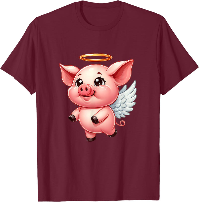 Cute Pig Angel with Wings T-Shirt - Burgundy
