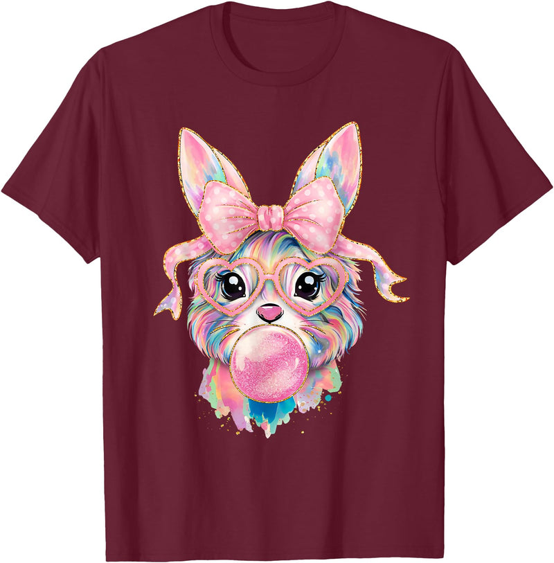 Funny Bunny Face Glasses Rabbit Coquette Bow Easter Trendy T-Shirt in Burgundy