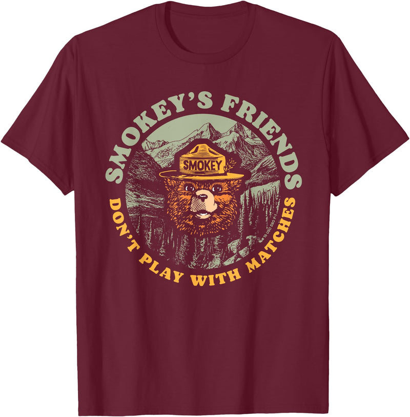 Giant Step Design Co. Smokey's Friends Don't Play With Matches Retro Smokey Bear T-Shirt - Burgundy