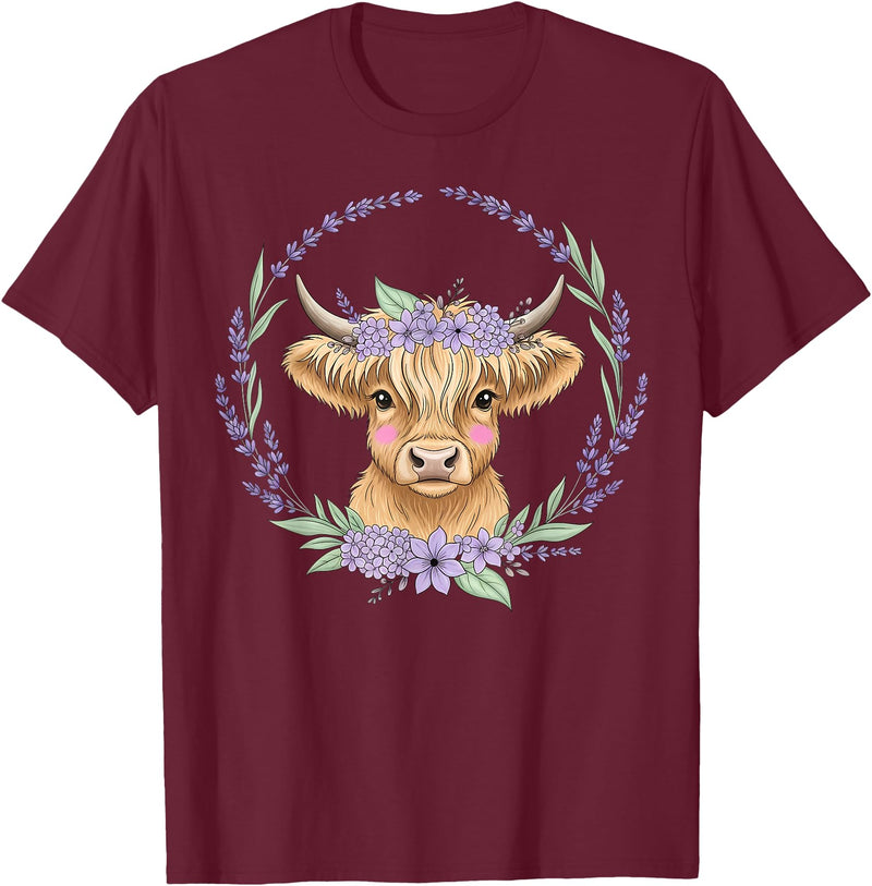Unique Highland Cow Gifts Girls Cute Baby Highland Cow Design Purple Flowers Farm Toddler T-Shirt - Burgundy