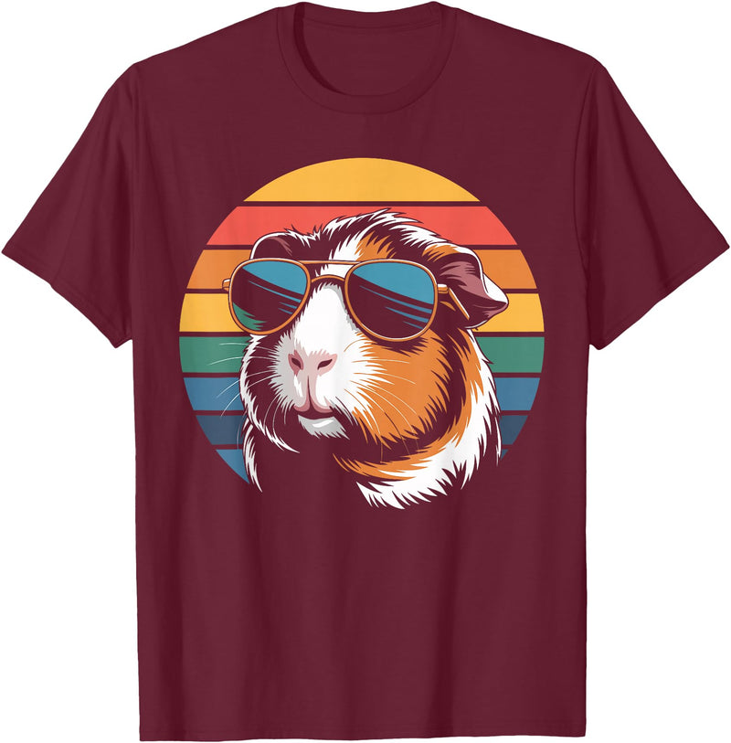 Guinea Pig Lover Gifts & Tees Retro Guinea Pig Sunglasses Flag Guinea Pig T-Shirt - Burgundy