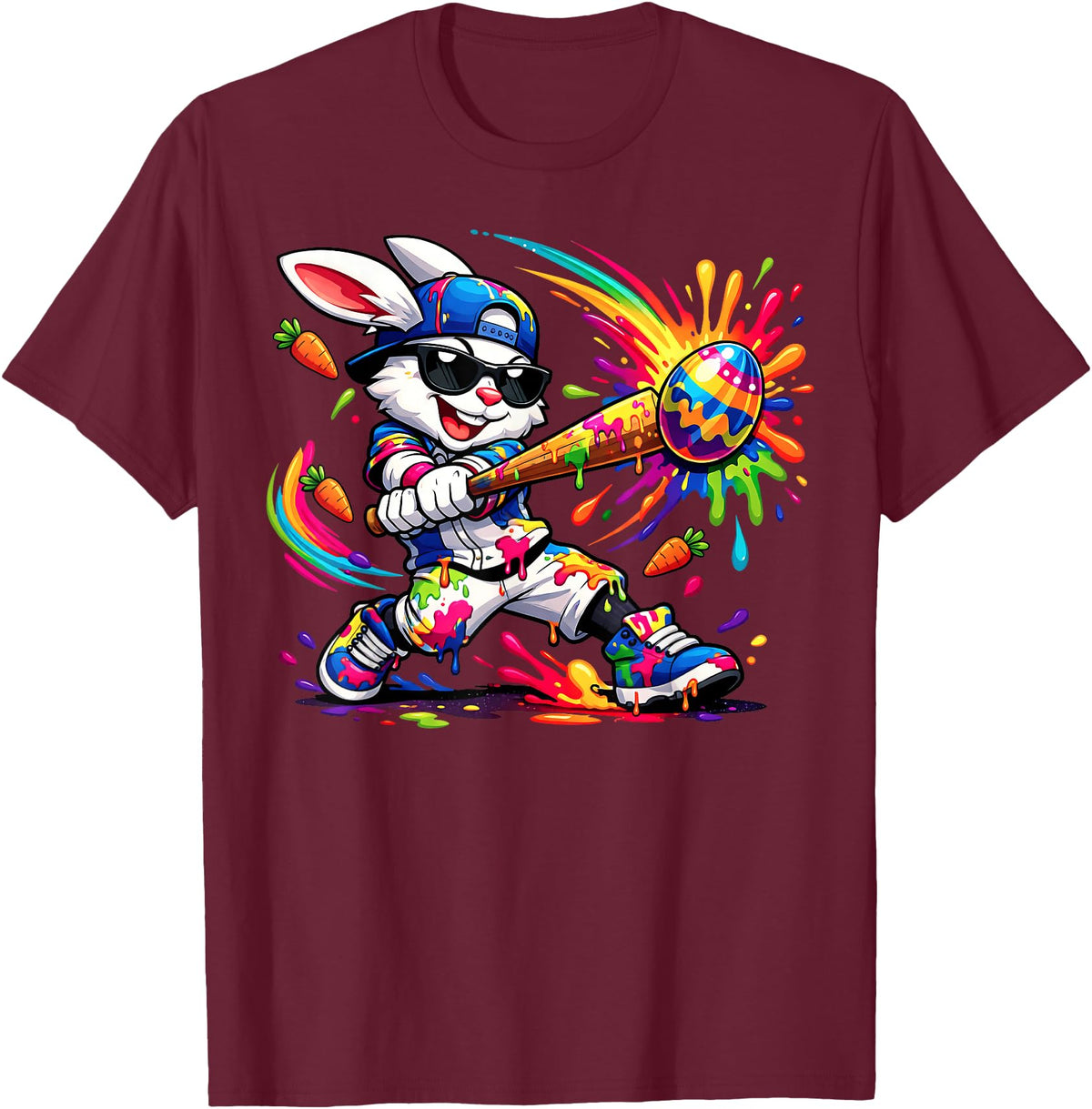 Funny Dripping Drip Rabbit Bunny Baseball Easter Men Boy Kid T-Shirt in Burgundy