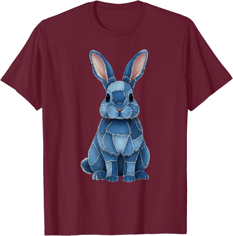 Funny Rabbit Bunny Easter Blue Denim Patchwork Style Animal T-Shirt in Burgundy