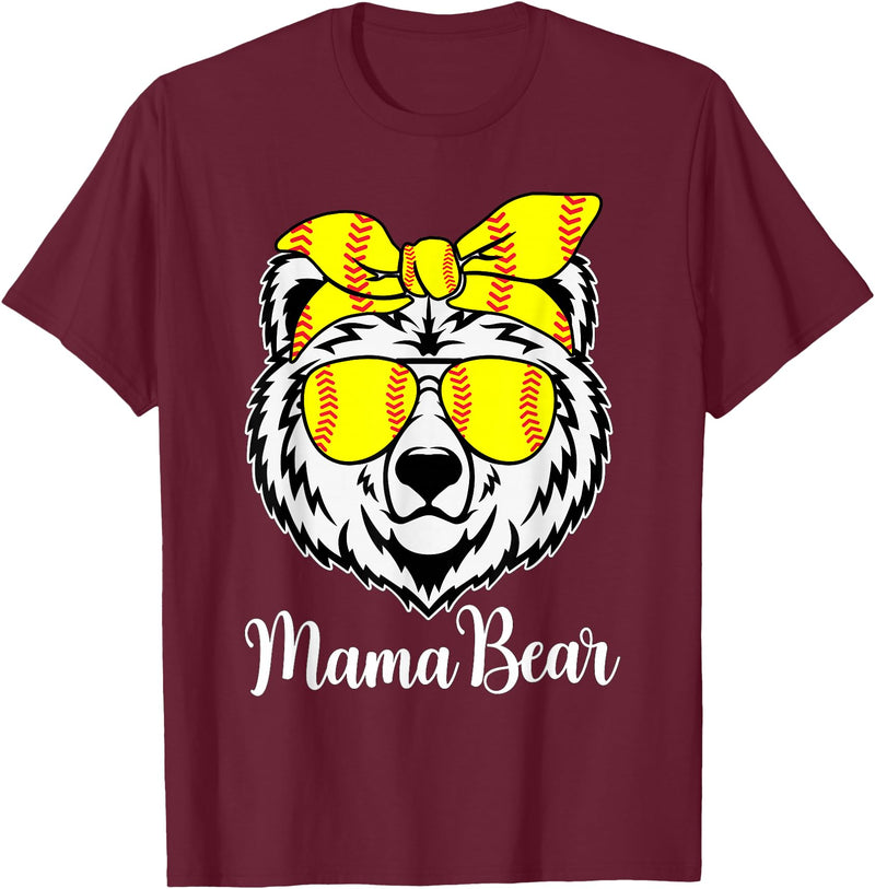 Mama Bear Face Apparel Softball Mama Bear With Sunglasses Bandana Momma Mothers Dy T-Shirt - Burgundy