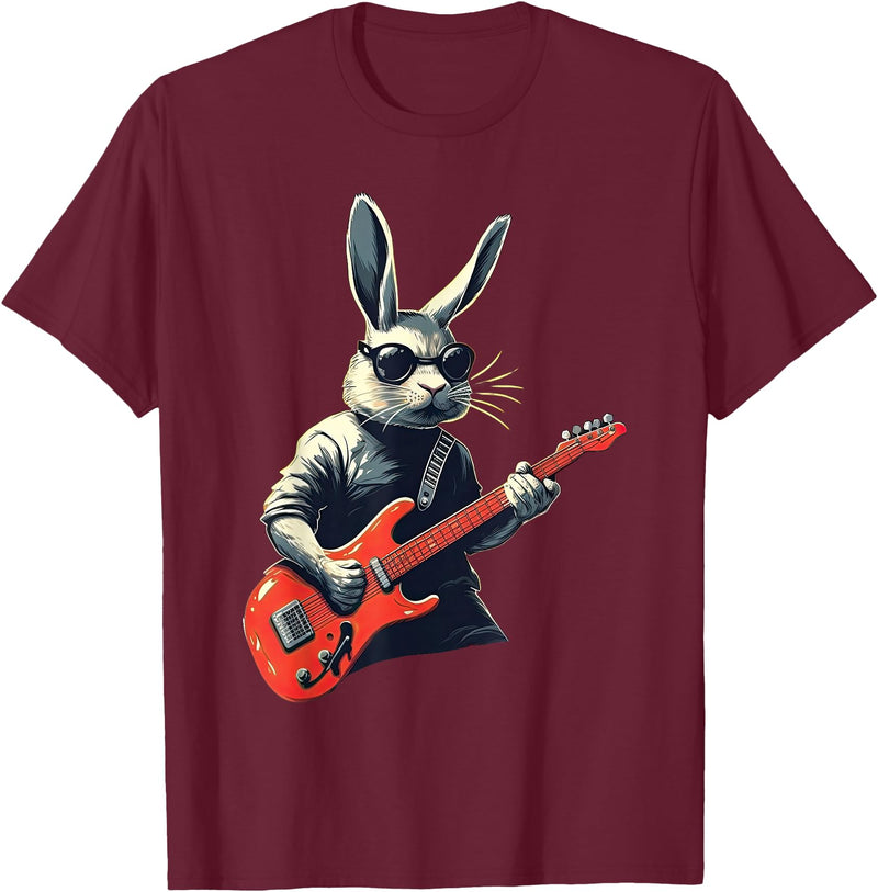 Rabbit Bunny Wearing Sunglasses Playing Guitar Musician T-Shirt in Burgundy