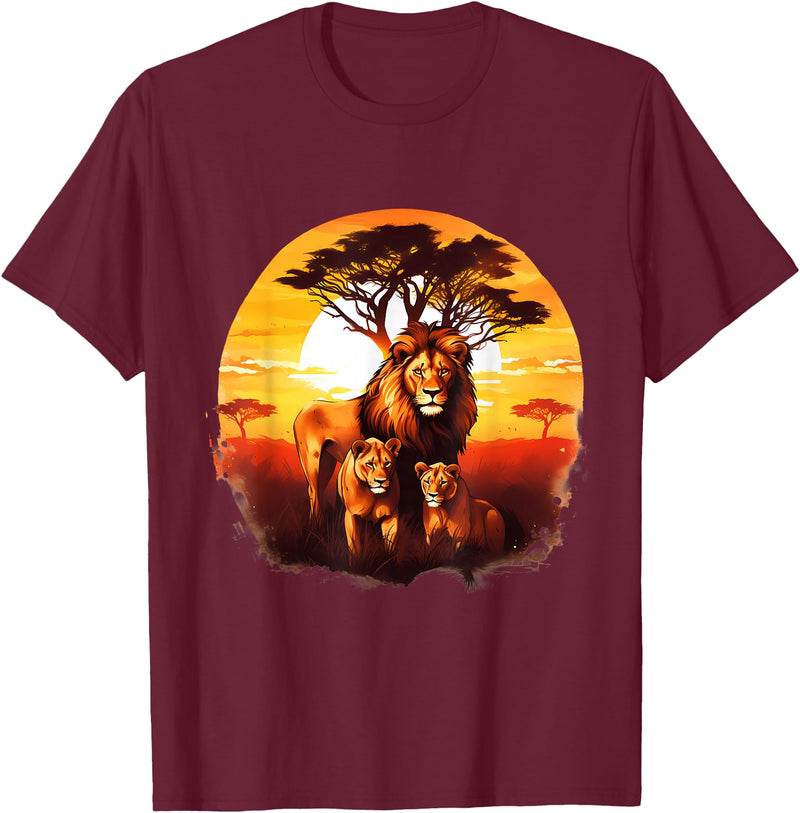Safari Animal Art Lion Wildlife Safari Tiger African Animal Lovers Savanna T-Shirt - Burgundy