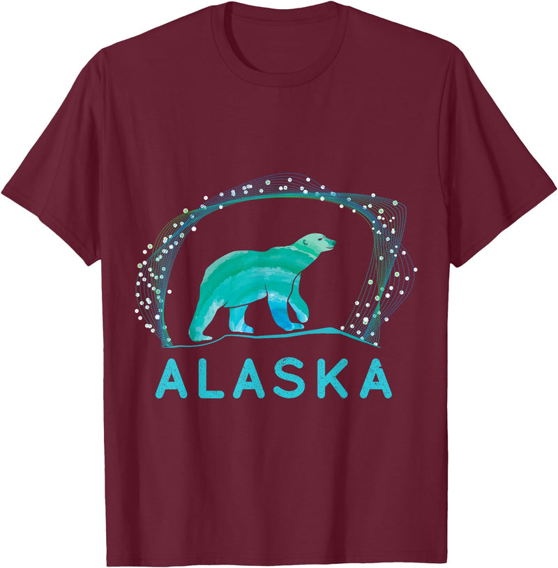Funny Polar Bear Alaska Day Northern Light Gift Alaska Polar Bear with Polar Lights and Stars T-Shirt - Burgundy