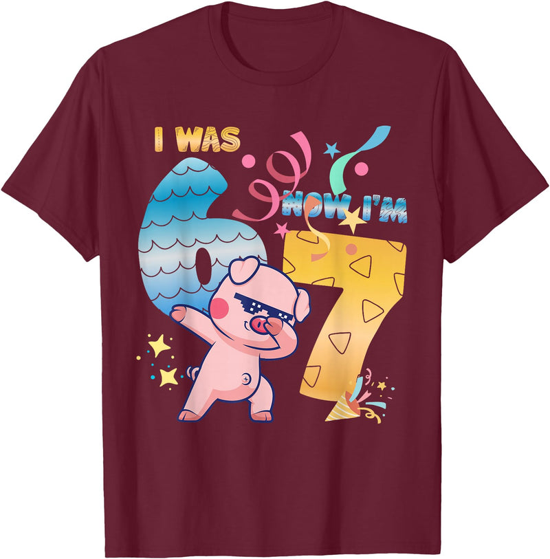 Funny 7th Birthday 6-7 Meme Pig Shir-t Kids Gift I was 6 Now I'm 7 Funny 67 Birthday Kids Boys Dabbing Pig T-Shirt - Burgundy