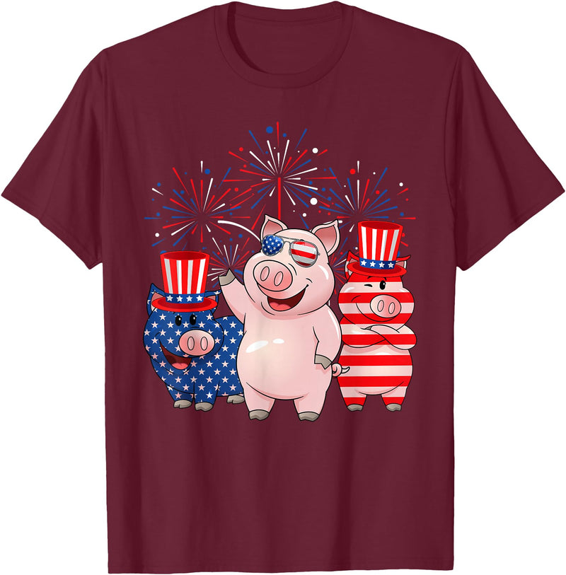 Ohia Three Patriotic Pigs USA Independence Day Tee Funny Red White Blue Pig American Flag Farmer 4th Of July T-Shirt - Burgundy