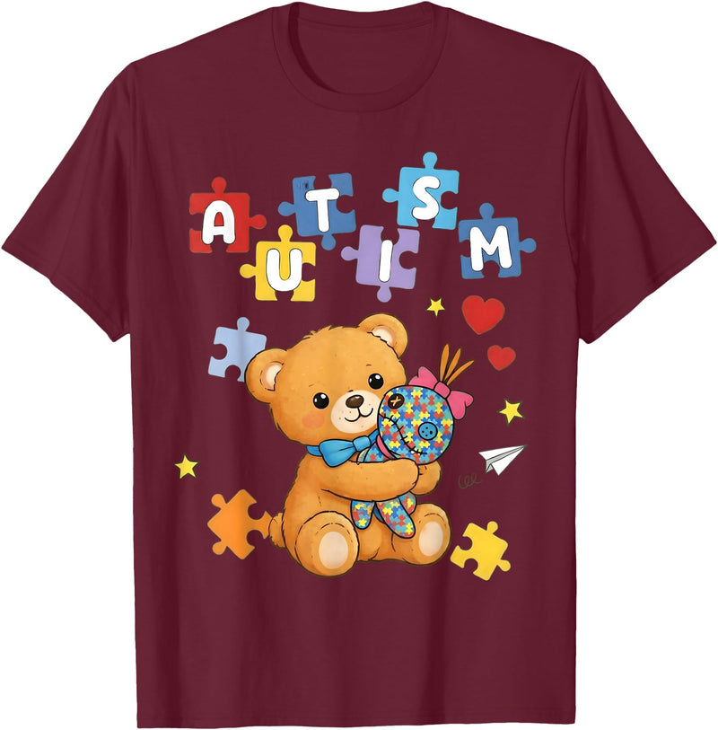 Cute Autism Awareness Puzzle Cute Autism Awareness Bear Colorful Puzzle T-Shirt - Burgundy