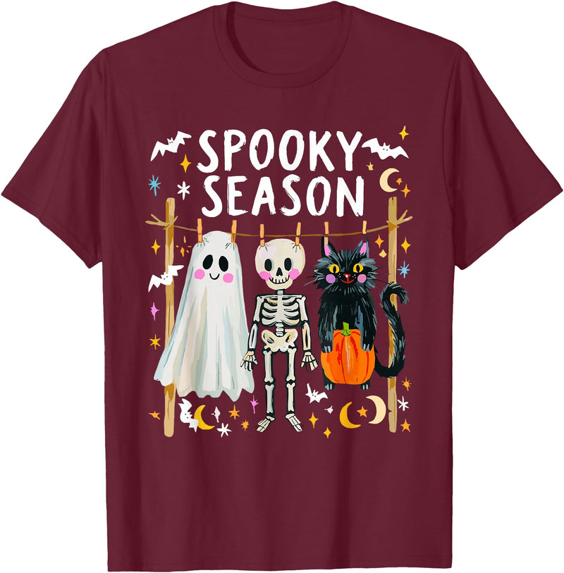 Spooky Ghost Halloween Black Cat Holding Pumpkin Preppy Halloween Ghost Skeleton Black Cat Spooky Season T-Shirt - Burgundy