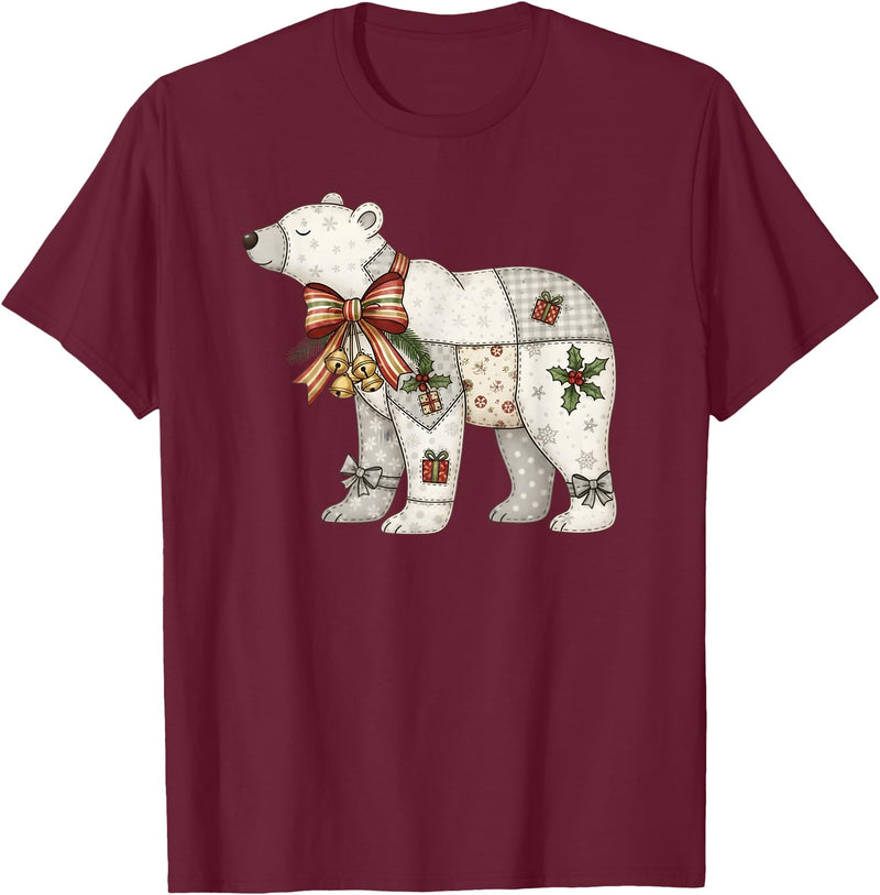 Cute Polar Bear Xmas Quilt Winter Holiday Patchwork Polar Bear Cute Christmas Quilt T-Shirt - Burgundy