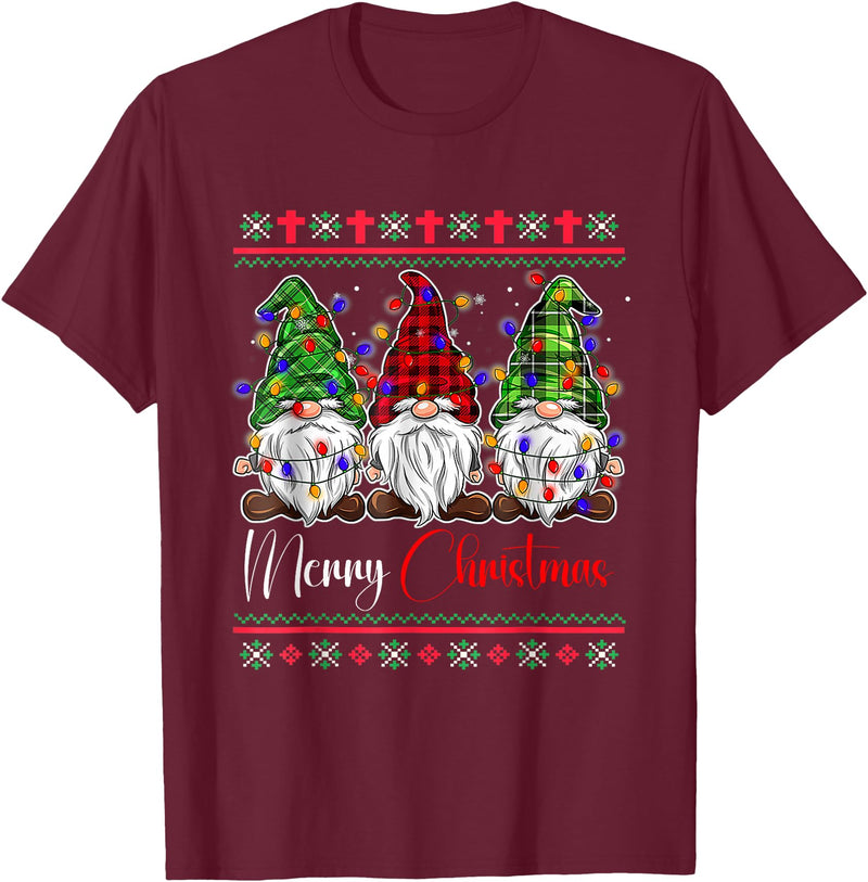 Xmas Lights Gnomes Holiday Graphics Merry Christmas Leopard Buffalo Red Plaid for Men Women T-Shirt - Burgundy