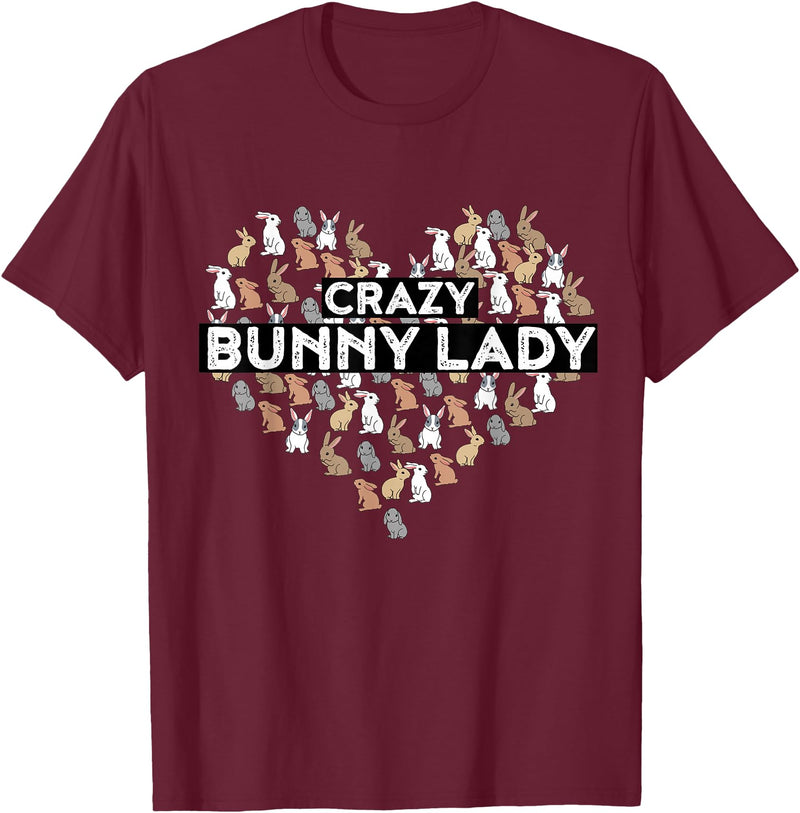 Crazy Bunny Lady Funny Rabbit T-Shirt in Burgundy