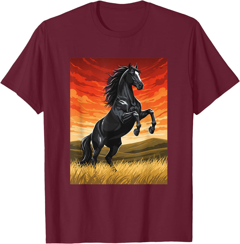Horse Ranch Cowboy Western Equine Stallion Wy Black Horse Rearing Sunset Ranch Horse Art Print Wy T-Shirt - Burgundy