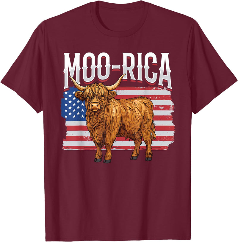 Funny Scottish Highland Cow 4th of July Scottish Highland Cow 4th of July Independence Day Moo-rica T-Shirt - Burgundy
