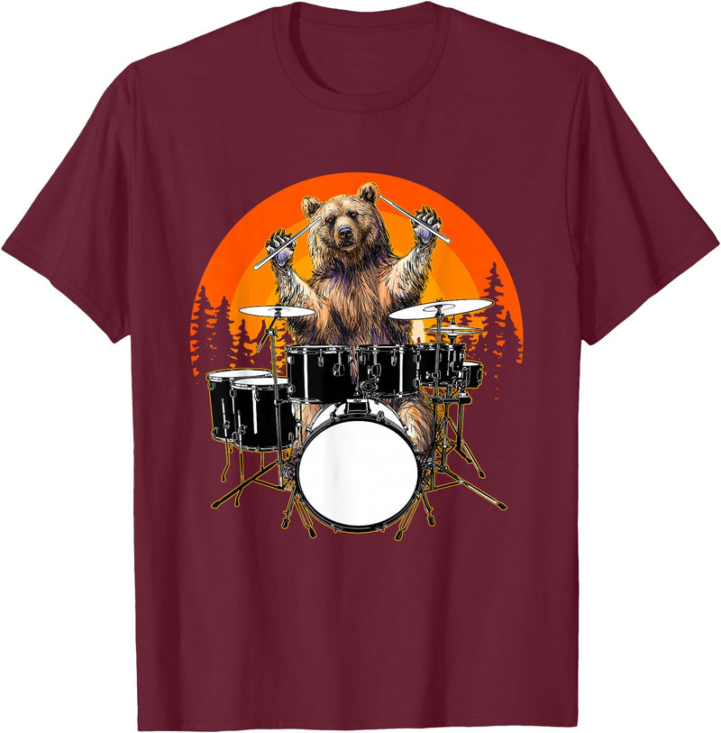 Drum Instrument Drummer Apparel Musical Animal Bear Playing Drums For Drum Lover And Musical Drummer Lover T-Shirt - Burgundy