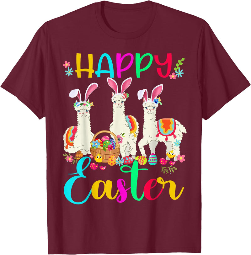 Happy Easter Three Llama Wearing Bunny Ear Happy Easter Llama Lover Three Llama Wearing Bunny Ear T-Shirt - Burgundy